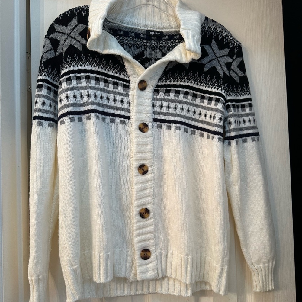 Black and White Cardigan Sweater with Nordic Pattern